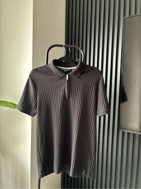 Perry Ellis Black Ribbed Zip-Front Polo